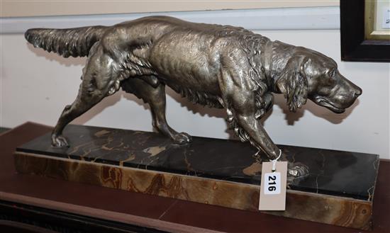 Clovis Mason. An early 20th century white metal model of a pointer, on a marble onyx base, signed C.Mason, length 60cm